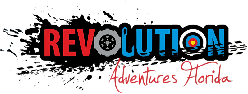 Logo: 'Revolution Adventures Florida' with tire and target graphics on splattered background.
